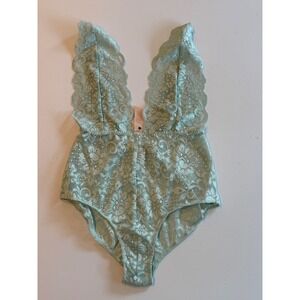 HAH Hot As Hell Mint Green Floral Lace Plunging V-Neck Bodysuit XS NEW‎